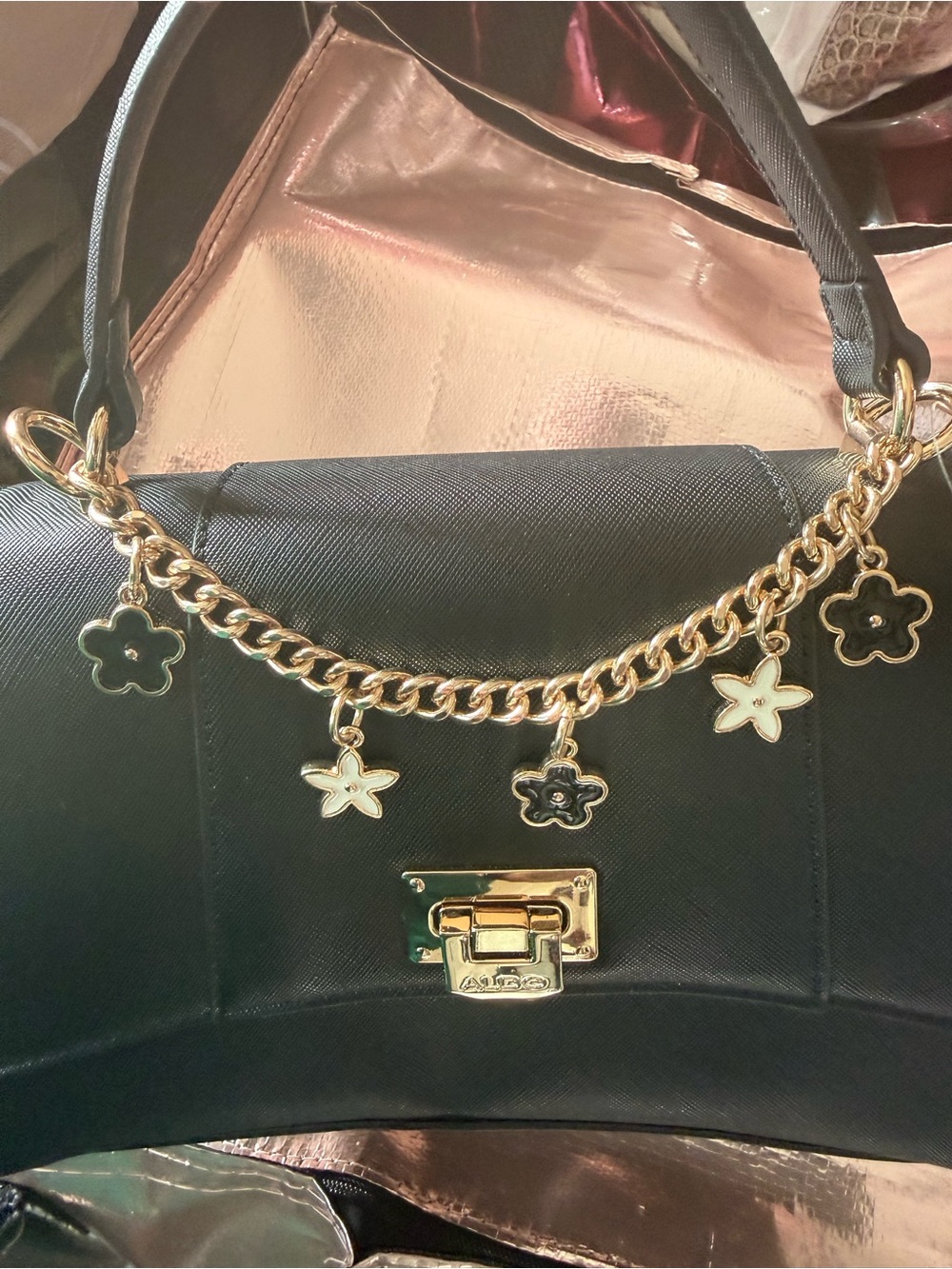 Aldo Black Women's Shoulder Bag with Gold Charm Chain